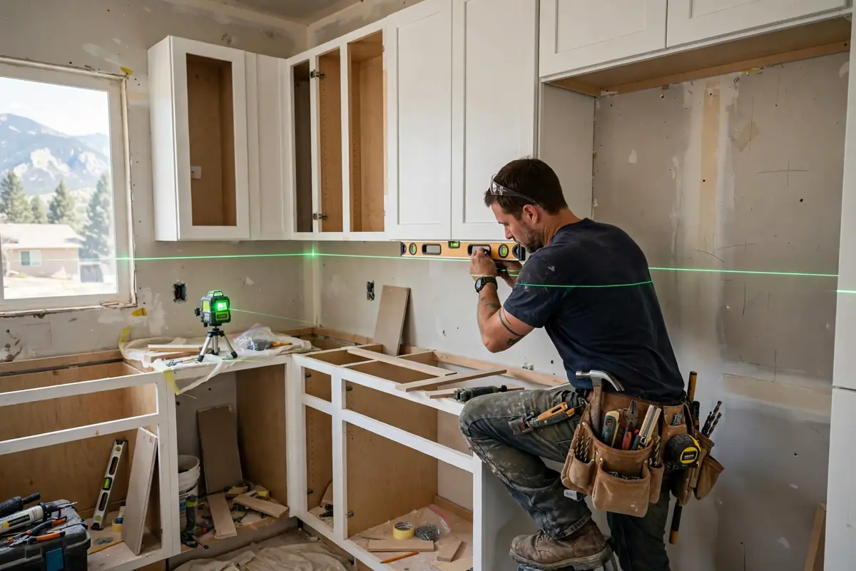 Professional contractor installing kitchen cabinets with a level during a pro kitchen remodel