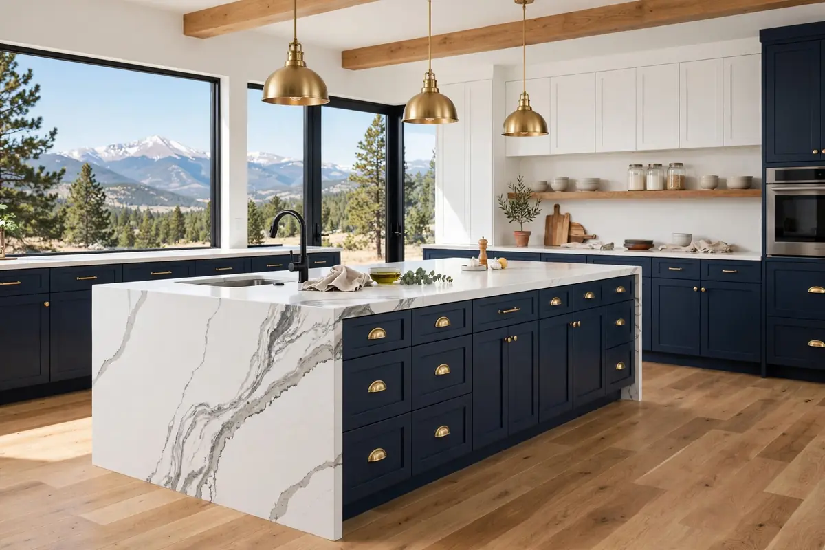 Quartz waterfall island installation in a Colorado Springs kitchen, countertop installation Colorado Springs