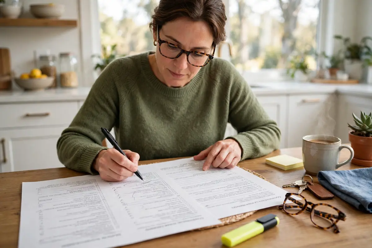 Homeowner reading an itemized contractor quote for a kitchen remodel at the kitchen table