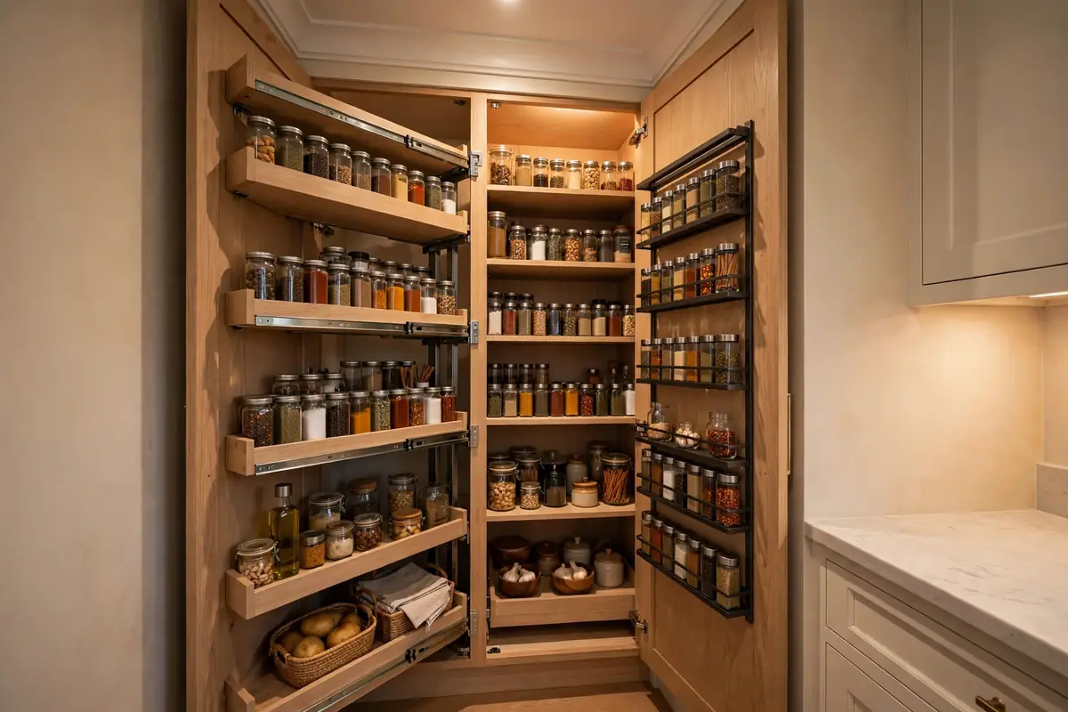 Ceiling-height pantry cabinets with pull-out vertical storage in a small kitchen remodel