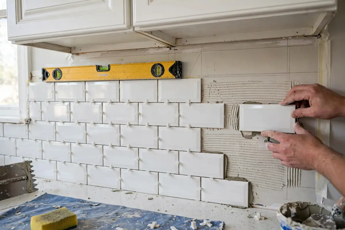 Backsplash installation Colorado Springs: subway tile being set