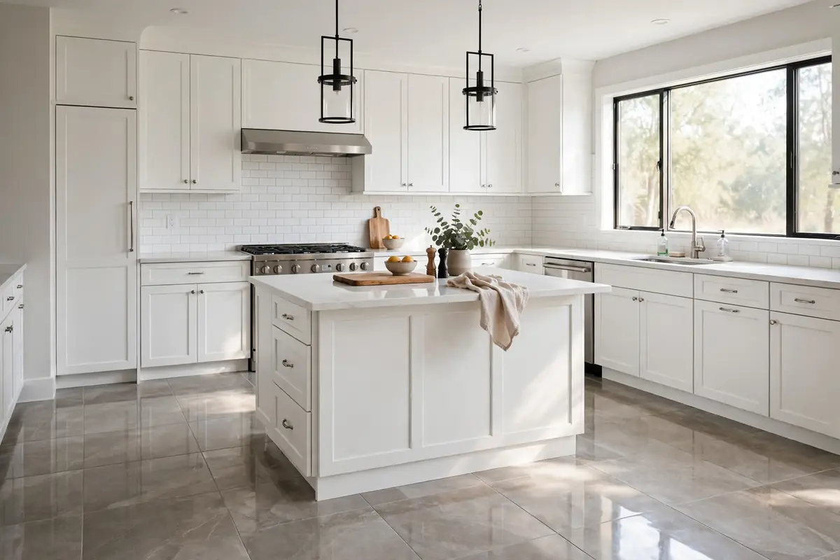 Finished porcelain tile kitchen flooring with white cabinets in Colorado Springs