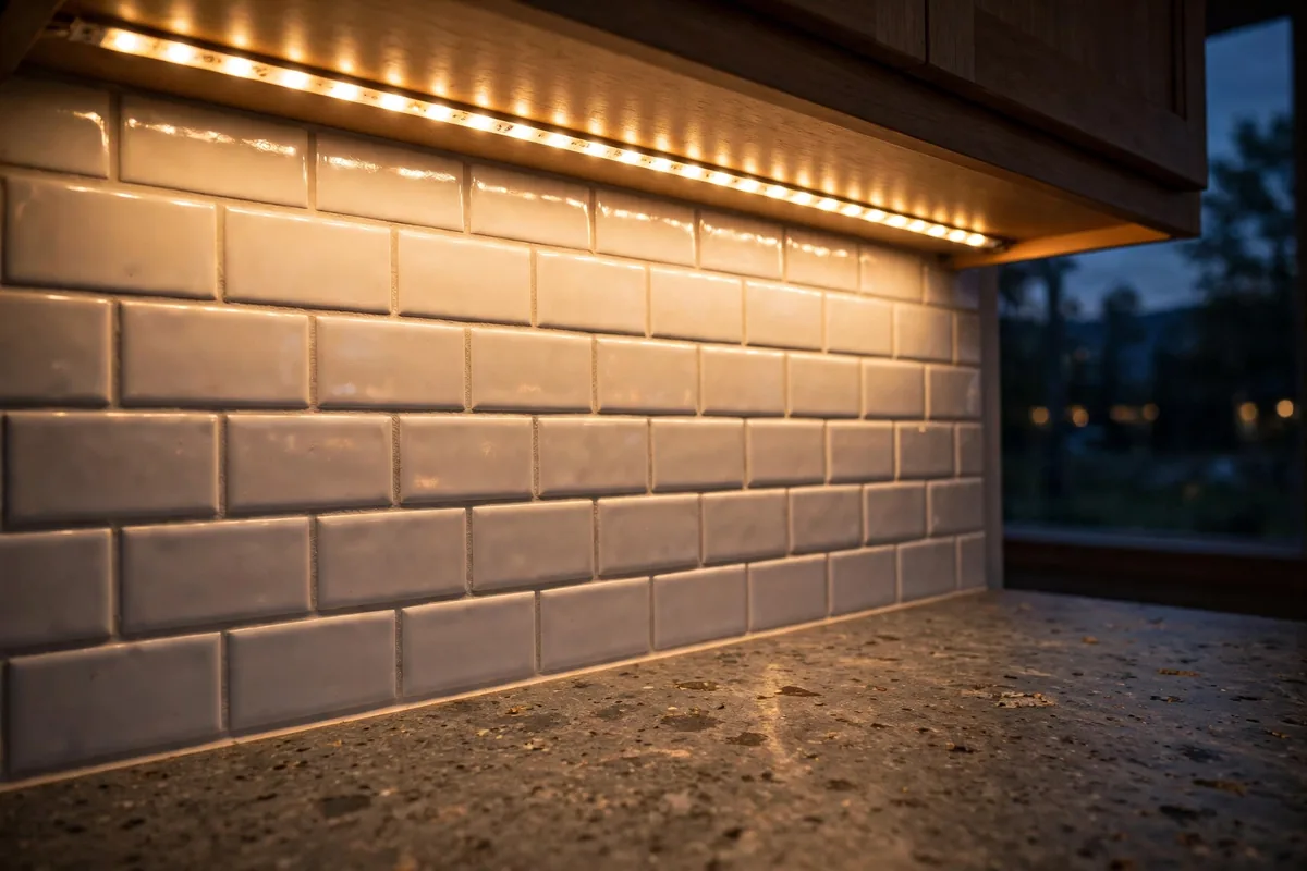 Under cabinet LED lighting washing warm light across kitchen backsplash tile