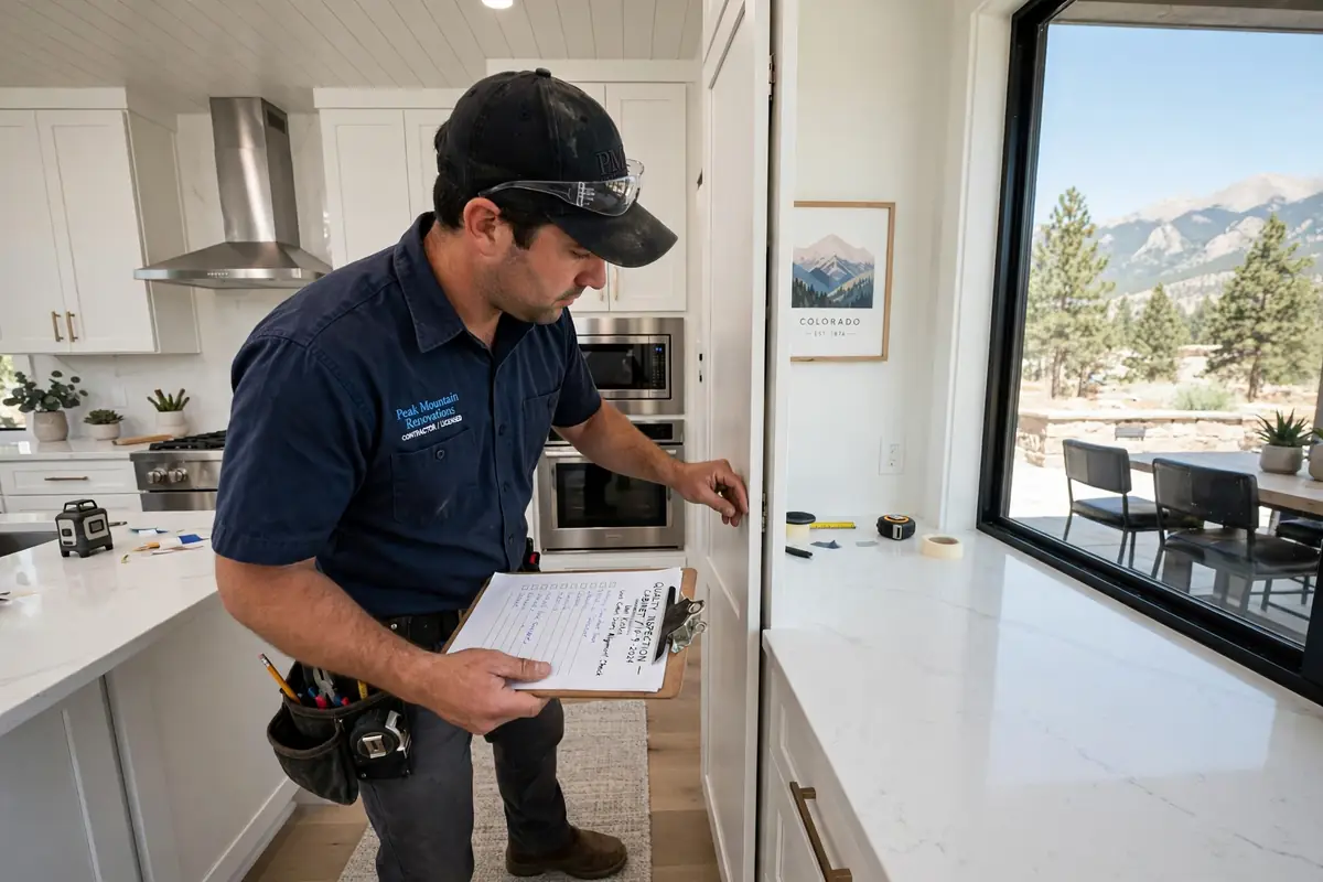 Contractor performing a final kitchen remodel inspection walkthrough with clipboard in Colorado Springs