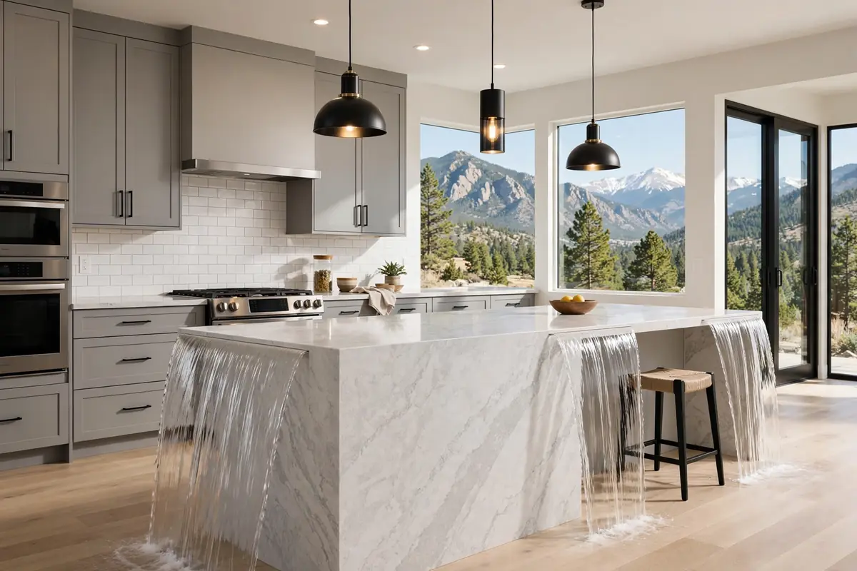 Kitchen island installation Colorado Springs: waterfall quartz island with pendant lights