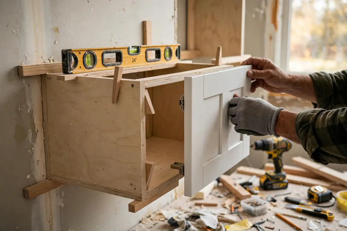 Kitchen cabinet installation Colorado Springs: white shaker cabinet being fitted and leveled