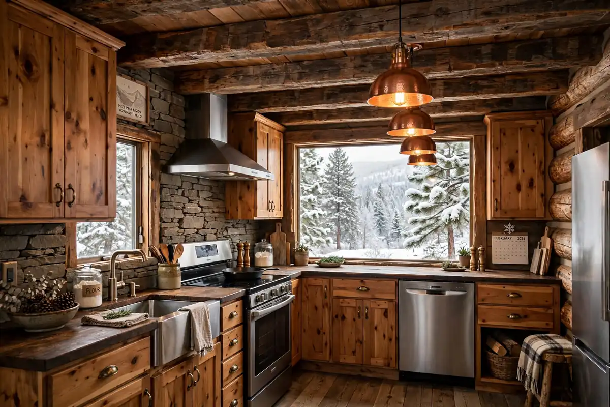 Rustic mountain kitchen remodel Woodland Park CO: knotty alder cabinets, stone backsplash
